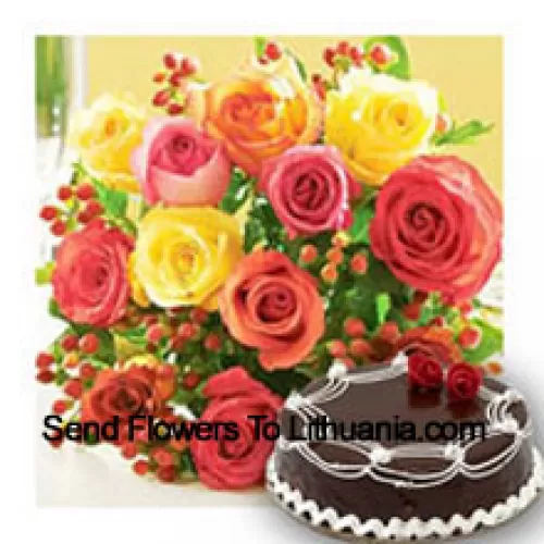 Ramo de 11 rosas de colores mixtos con relleno de temporada y 1/2 kg (1.1 lb) de pastel de trufa de chocolate