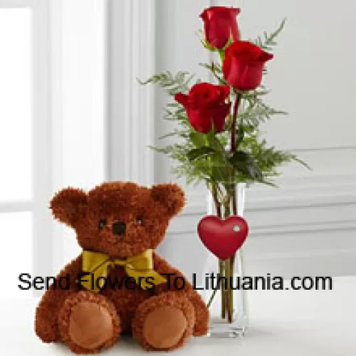 Tre rose rosse in un vaso a provetta rosso e un carino orsacchiotto marrone da 10 pollici (ci riserviamo il diritto di sostituire il vaso in caso di indisponibilità. Scorte limitate)